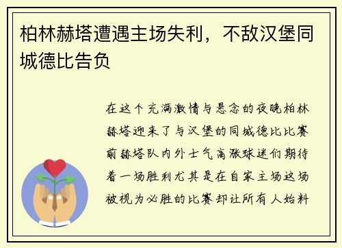柏林赫塔遭遇主场失利，不敌汉堡同城德比告负