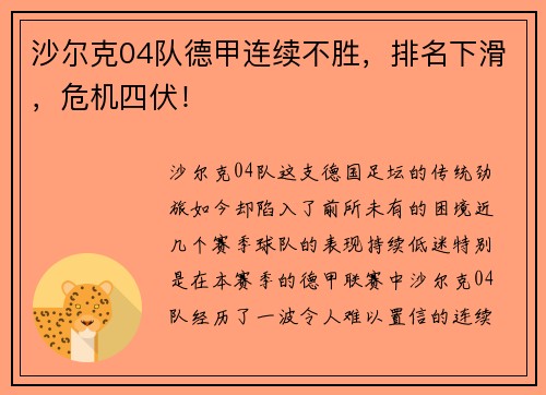 沙尔克04队德甲连续不胜，排名下滑，危机四伏！